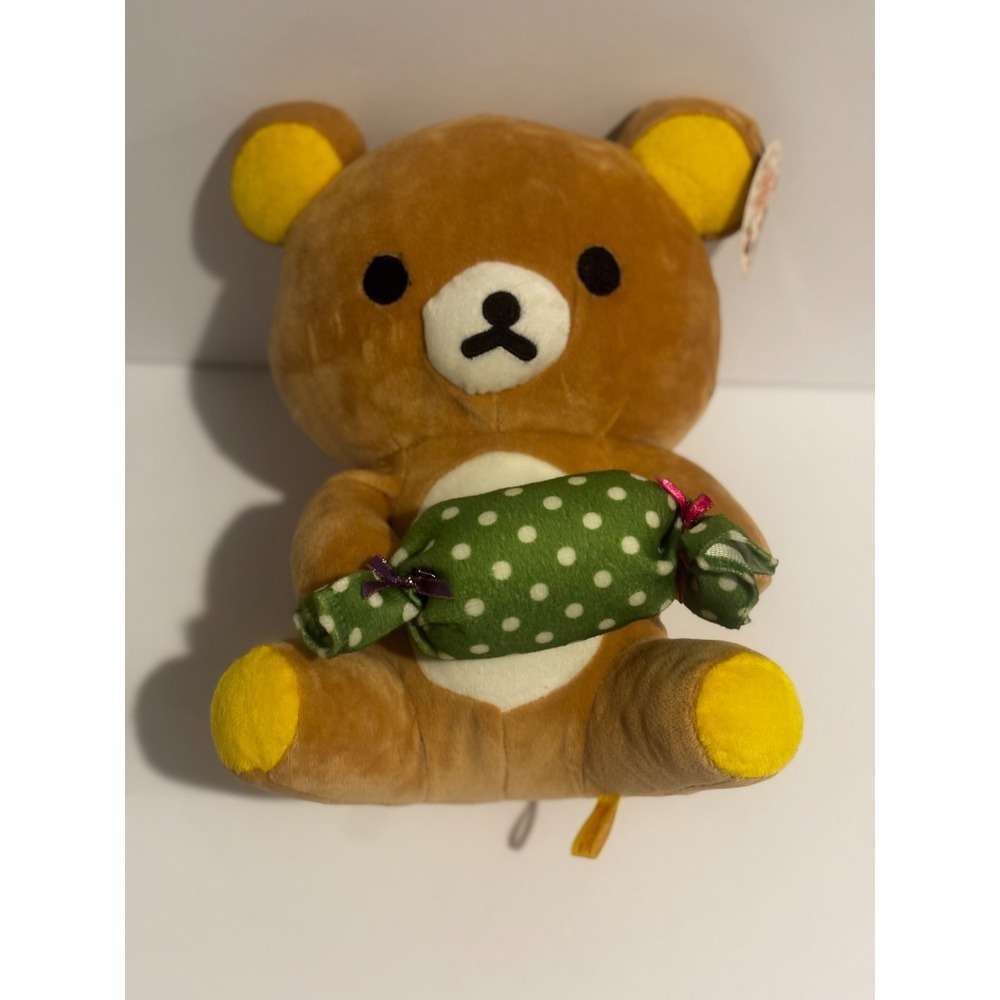 NWT San X Rilakkuma Bear Plush Toy Green Polka Dot Candy Holding Stuffed Animal